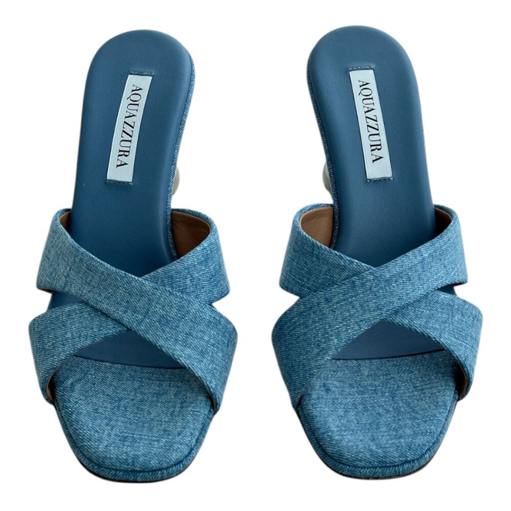 NWT Authentic Aquazzura Darling Mule 75 Open Toe Heels Sandals in Blue Denim - Picture 5 of 10